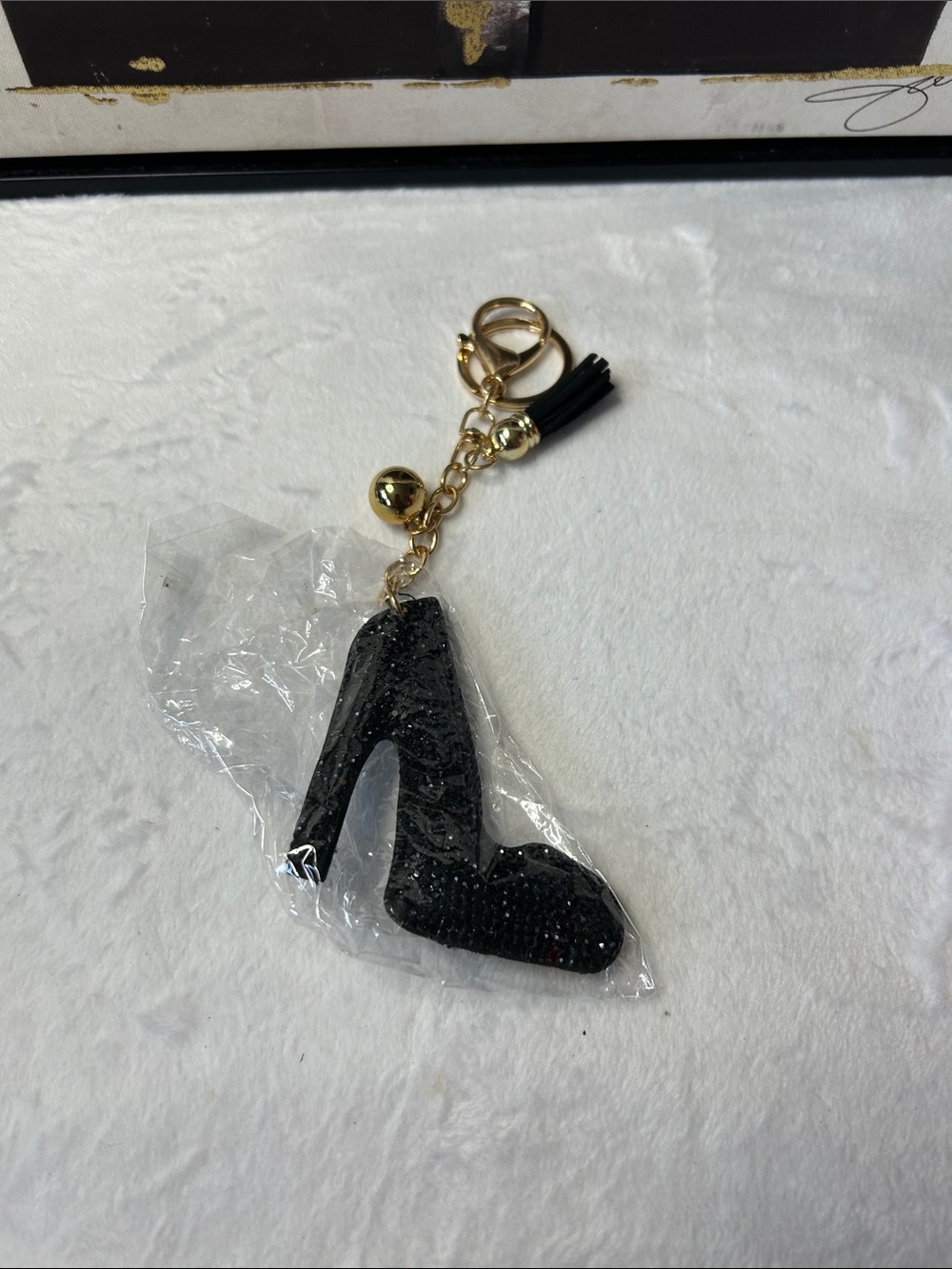 Black Glitter High Heel Keychain with Gold Hardware